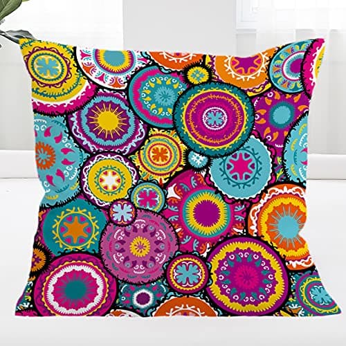 Image of BlessLiving Colorful Moroccan Cushion Cover 3D Purple Pink Teal Orange Medallion Pillowcase Vintage Peacocky Feather Teal All Season Cushion Case for Room Bedroom Room Sofa Chair Car, (28x28 inch)