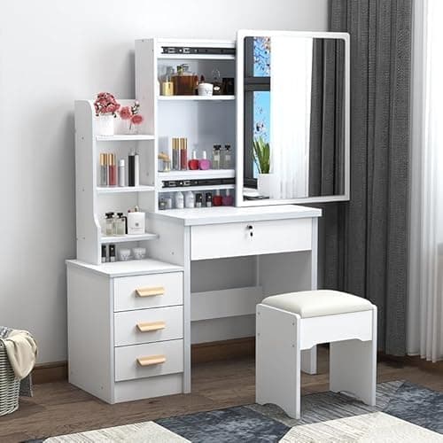 Image of Dressing Table with Mirror and Stool, Vanity Table with LED Lights and Adjustable Brightness, Vanity Desk with Mirror, 6 Hidden Shelves, Makeup Desk for Bedroom, White (4 Drawers & Lighted Mirror)