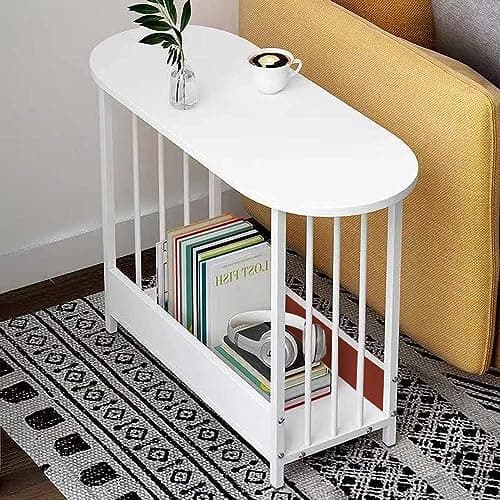 Image of Urkitd Small End Table Oval Side Table for Small Spaces, Sofa Side Table for Living Room Balcony Reception, Slim Coffee Table Modern Nightstand with Storage for Bedroom Home Office Furniture (White)