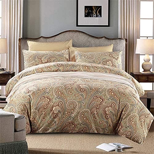 Image of USTIDE Egyptian Cotton Duvet Cover Set King Size 3 Piece - Gold Paisley Floral Luxury Bedding Set Premium 400 Thread Count, Wrinkle Resistant & Breathable