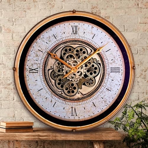 Image of OLOPALMA Vintage Industrial Steampunk Metal Decorative Clock for Farmhouse Wall, moving Gear Wall Clock for Living Room Decor, Large Kitchen Clock, (60cm/24in, Brass)