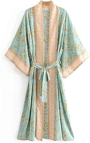 Image of Baverta Women's Kimono Dressing Gown Floral Beach Cardigan Long Kimono Robe Bikini Cover Silk Satin Nightwear Pyjamas Bathrobe (Green,S)