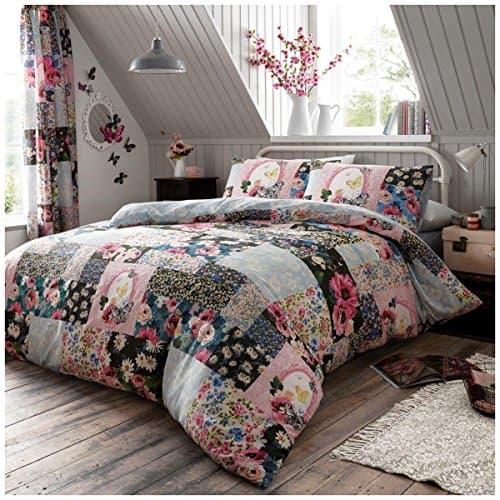 Image of GC GAVENO CAVAILIA Luxury Reversible Ellis Floral Patch Quilt Bedding Set Flower Print Duvet Cover, Multi, Double