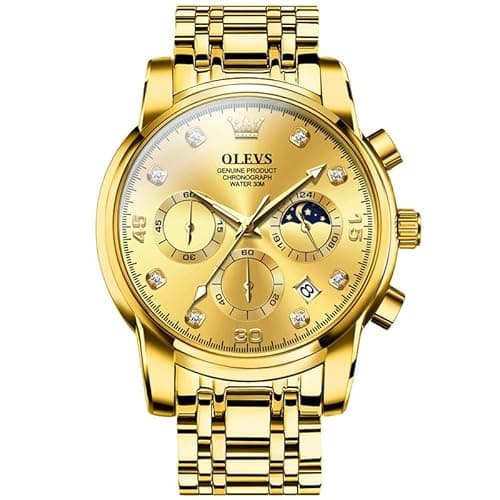Image of OLEVS Gold Watches for Men Big Face Stainless Steel Analog Quartz Dress Watch Men Arabic Numerals Chronograph Dial Men's Diamond Watch Waterproof Luminous with Date Men's Wrist Watches