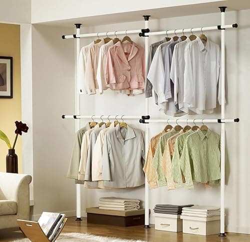 Image of House of Home Heavy Duty Double Telescopic Clothes Rail - Rail Wardrobe Replacement - Adjustable Shelving Rack - Clothes Storage & Organiser for Shirts, Coats, Jackets, Hat & Shoes