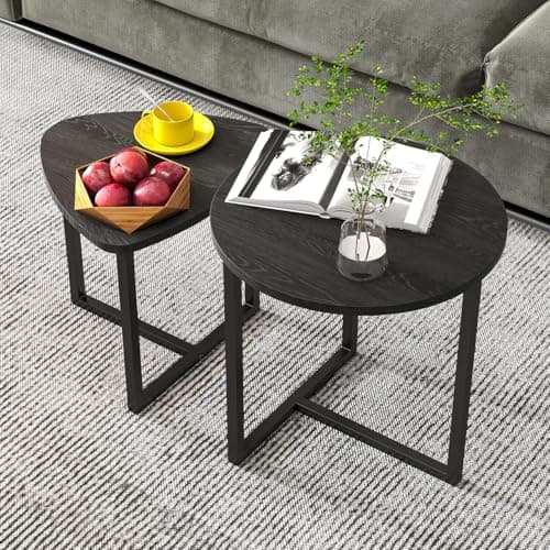 Image of HOJINLINERO Round Coffee Table Set of 2,Small Coffee Living Room Tables,Round Side Table,Industrial End Table,Metal Frame with Wood Look Accent Furniture,Sofa Tea Cocktail Table for Living Room,Black