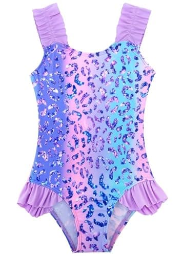 Image of XiaoMoSha Girls Swimming Costume with Ruffle Straps Cute Stretchy Beach Swimwear Quick Dry Bathing Suit for Kids, DiamondLeopard, 5-6 Years