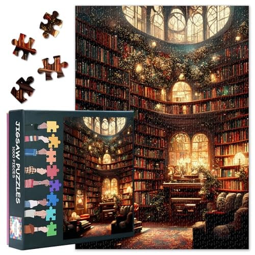 Image of Luxury Library Jigsaw Puzzles for Adults 1000 Pieces Difficult Challenge Bookshelf Puzzles for Family Game Books and Christmas Tree Jigsaw Puzzle for Adults House Wall Decor 27.5"X19.7"