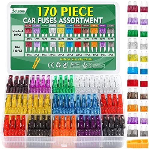 Image of Bolatus 170Pcs Car Fuses Kit - 60 Standard + 110 Mini Blade Fuses 2A-40A Mixed Assortment for Car, Truck, RV & Motorcycle