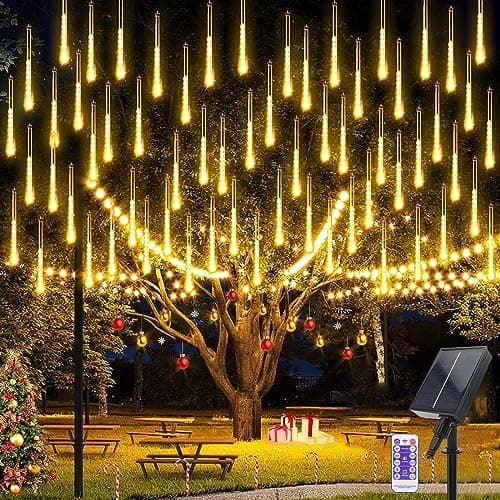 Image of Micacorn Solar Meteor Shower Lights, 10 Tube 8 Modes 240 LED Christmas Lights with Remote Cascading Falling Rain Waterproof String for Party Wedding Tree Decorations