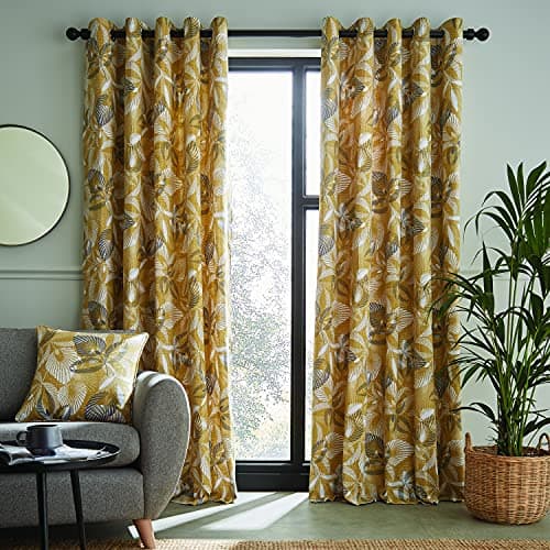 Image of Catherine Lansfield Abbotsley Leaf Eyelet Curtains Ochre Curtains- 46x72 Inch