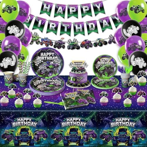 Image of Monster Truck Birthday Decorations, Monster Truck Party Supplies Serves 16 Guests, Machines Jam Theme Birthday Party Tableware for Boy Purple and Green