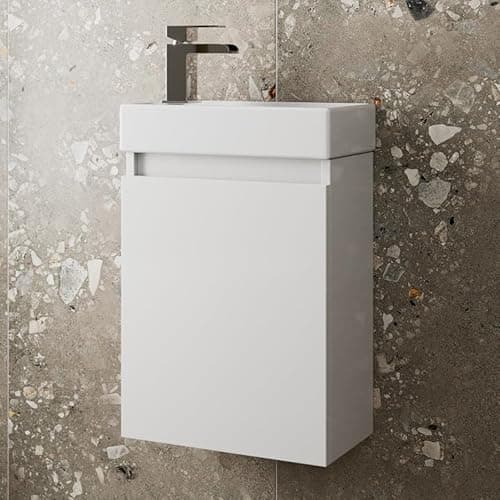 Image of Artis 400mm Bathroom Vanity Unit With Wash Basin Ceramic Sink, Single Door, Cloakroom Storage Furniture Under Basin Cabinet, Wall Hung Cabinets. White Gloss