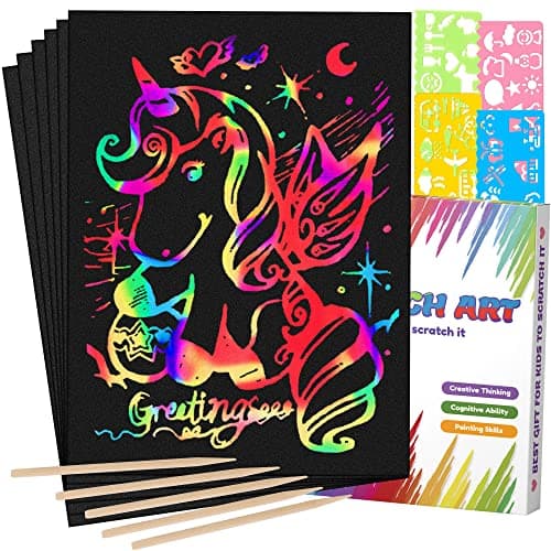 Image of Mocoosy 60Pcs Scratch Art Paper for Kids -Rainbow Magic Scratch Paper Art Craft Kit Scratch Note Black Doodle Pads with Stencil for Party Favour Game Activities Kids Birthday Gifts for Girls Boys Toys
