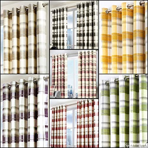 Image of Fusion - Balmoral Check - 100% Cotton Pair of Eyelet Curtains - 90" Width x 72" Drop (229 x 183cm) in Ochre