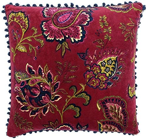 Image of Riva Paoletti Malisa Square Cushion Cover - Pomegranate Red - Paisley Indian Print - Faux Velvet Fabric - Blue Pompom Edges - Machine Washable - 100% Cotton - 50 x 50cm (20" x 20" inches)
