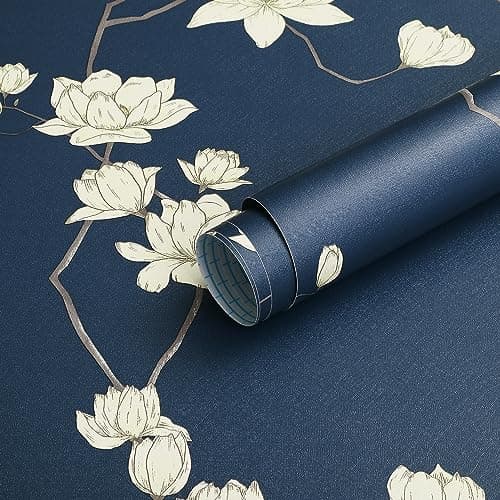 Image of Fiula Self Adhesive Vinyl Wrap Roll Floral Peel and Stick Wallpaper 41CMx3M Stick on Wallpaper Vintage Botanical Contact Paper Furniture Sticker Cabinet White Flower Bedroom Waterproof Navy Blue