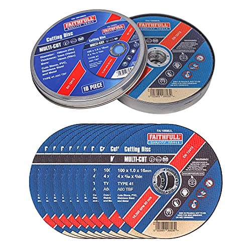 Image of Faithfull Extra Thin 1mm Fast Cut Cutting Discs – 100mm x 1mm x 16mm (4 inch) Multi-Cut Disc, 10 Pack with Storage Tin