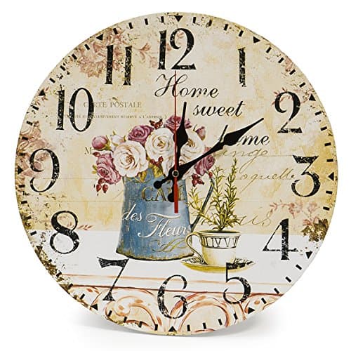 Image of LOHAS Home 30cm Silent Wooden Round Wall Clock Vintage Rustic Chic Style Arabic Numerals Wooden Round Decorative Wall Clock (Cafe & Flower)