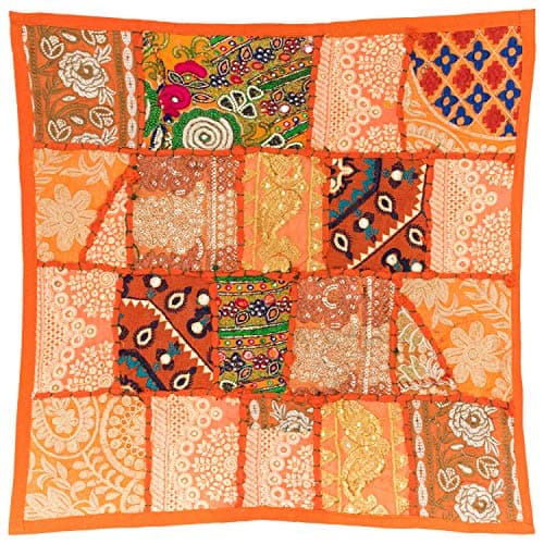 Image of ETHNICITI Orange 16x16in 40x40cm Embroidered Khambadiya Sari Patchwork Cushion Cover, Indian Ethnic Pillow Covers, Handmade Patchwork Cushion Pillow, Sari Patch Throw Pillow (Orange)