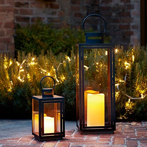Image of Lights4fun Malvern Outdoor Lantern Bundle with Flickering Candles – Set of 2 Large & Small Battery Operated LED Garden Lanterns for Patio, Porch & Garden Decor