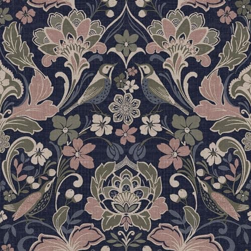 Image of World of Wallpaper Folk Themed Birds Floral Patterned Matte Finish Textured Wallpaper for Living Room and Bedroom - Navy Blue 946104