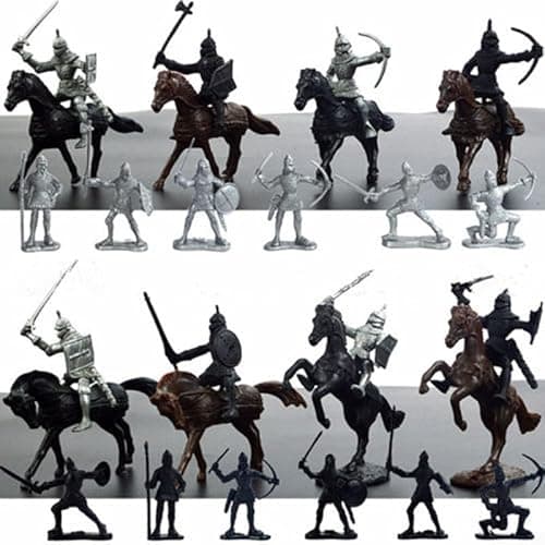 Image of Medieval Knights Warriors Horses Figures Model Playset - 28PCS Toy Set with 12 Infantry, 8 Horses and 8 Cavalry Riders for Collectors and Educational Use, Made of Plastic, Ages 4+