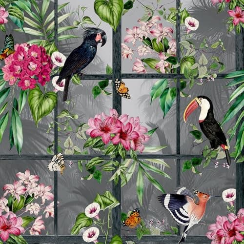 Image of Arthouse Cuban Tropicana Wallpaper Tropical Birds Flowers Windows - Multi/Grey 924408
