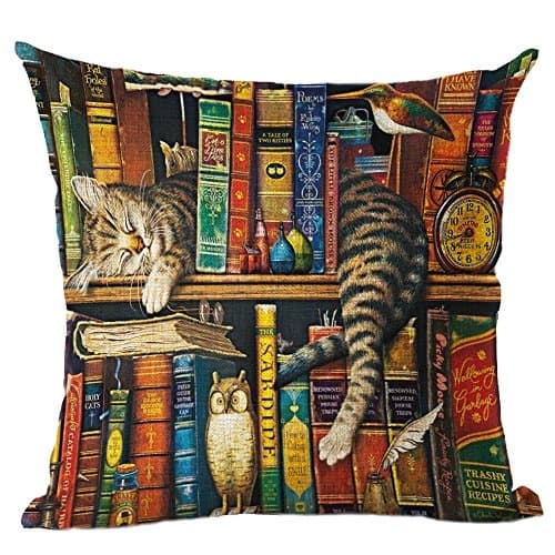 Image of IK HAPPY Bookshelf sleeping cat lkw1012 Decorative Cotton Linen Blend Throw Pillow Cover Square Pillow Case Cushion Cover 18 x 18 Inches Griffith.MJ