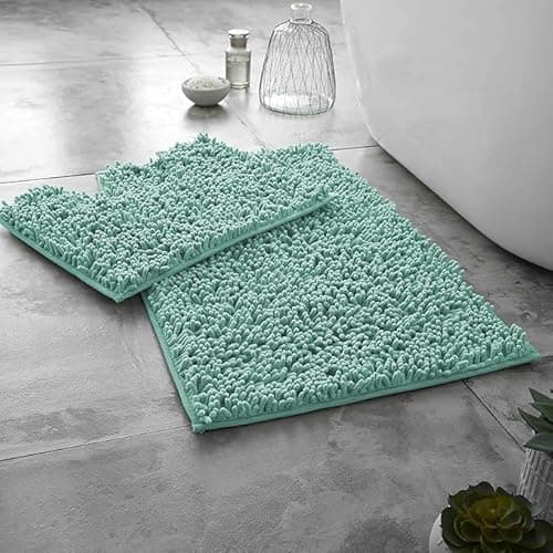 Image of LIZZIE JACOBS Loop Extra Large 2 PIeces Bath Mat and Pedestal Mat Set Non Slip Chenille Rugs Extra Soft Water Absorbent Larger Size Pedestal Bathmat Shower Toilet Mat Bathroom Rugs (Duck Egg)