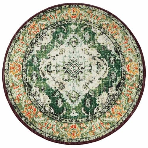 Image of Betadistor Green Rugs Living Room 4 Feet Circle Rug Round Area Rug Boho Rug Washable Mandala Printed Distressed Carpet Indoor Floor Mat for Bedroom Living Room Kitchen Hallway, Green, 404-06120
