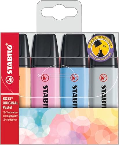 Image of STABILO BOSS ORIGINAL Pastel - Highlighter - Pack of 4 - Pale Orange, Cloudy Blue, Frozen Fuchsia, Dusty Grey