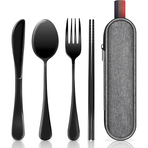 Image of HHZalvyre Stainless Steel Cutlery Set for 1 Person, Portable Travel Utensils with Case, 4-Piece Camping Set with Knife Fork Spoon & Metal Chopsticks, Reusable Black Cutlery Set for Work Lunch (Black)