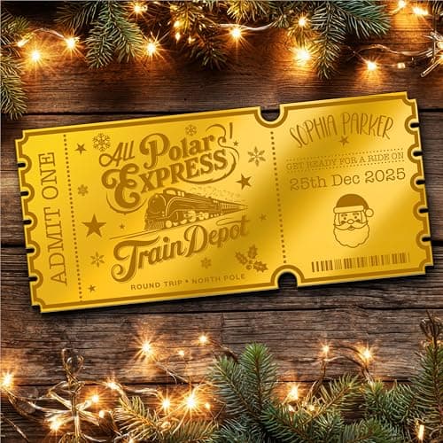 Image of Gold Mirror Acrylic Golden Ticket Polar Express Christmas Train Ride Personalised Any Text Voucher | Custom Surprise Reveal Voucher Ticket | Announcement Greeting Card | Note Card