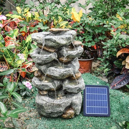Image of Warmiehomy Solar Water Fountain 5 Tier Rockery Water Features for the Garden, Solar Waterfall with LED & Solar Pumps for Garden Water Features Outdoor, Height 49CM, Grey