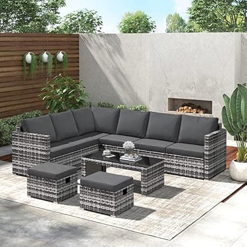 Image of BTM PE Rattan Garden Furniture, 8 Seater Garden Sofa Set, Grey Garden Corner Sofa, Rattan Furniture Set with Coffee Table & 2 Stools