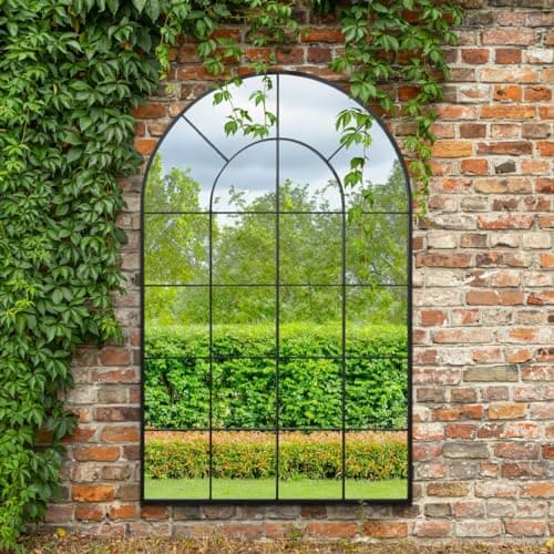 Image of The Arcus - Black Framed Arched Window Garden Mirror 75" X 47" 190 x 120CM. Suitable for Outside and Inside!