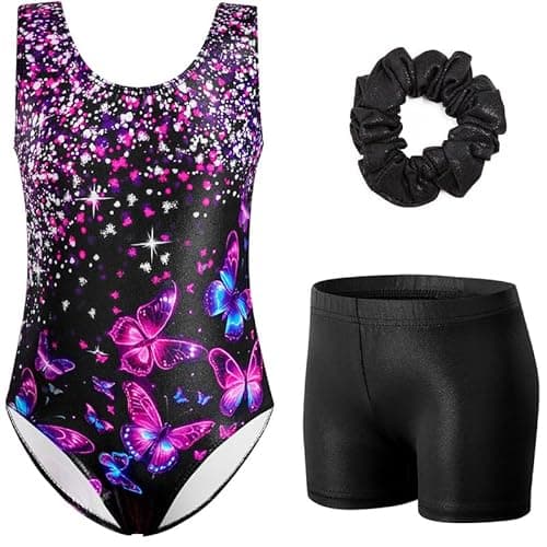 Image of XiaoMoSha Girls Three-Piece Gymnastics Set Sleeveless Girls Leotards with Shorts and Hairband Sparkly Glitter Gradient Color Dance Ballet Unitards Gymnastics Outfits, PurpleButterfly, 9-10 Years