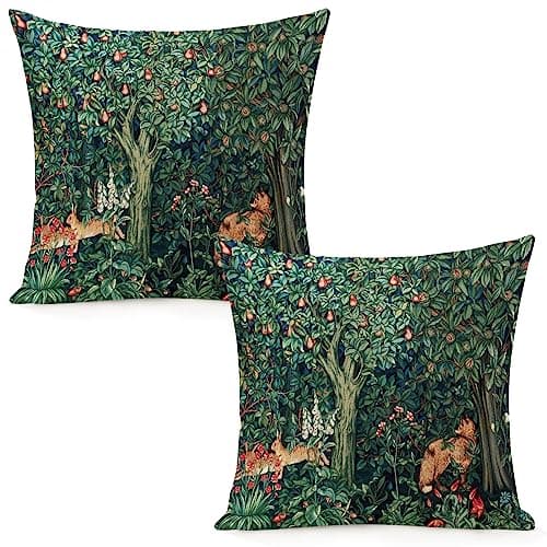 Image of Set of 2 William Morris Pillow Covers, Forest, Fox, Hares, Blue/Green, Floral, 45.7 x 45.7 cm, Aesthetic Pillow for Bedroom and Living Room, Velvet Pillow Cover for Decoration