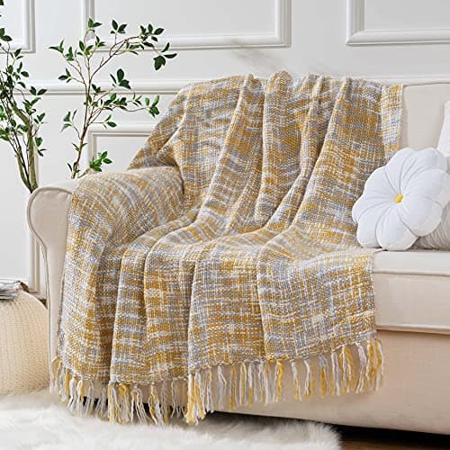 Image of BATTILO HOME Yellow Sofa Throw Blanket with Fringe Decorative Boho Knitted Throw Travel Blanket Nap Throw for Armchair, Couch and Bed (127x152cm, Ochre)