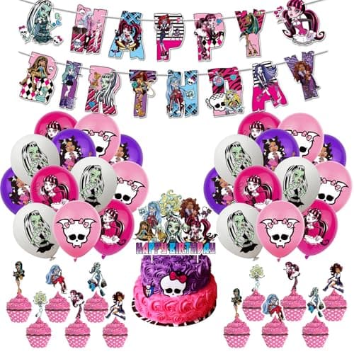 Image of 34PCS Monster H Birthday Decorations, Monster Party Decorations With Banner Monster Balloons Cake Topper Cupcake Toppers, Monster Girl Theme Party Supplies for Kids