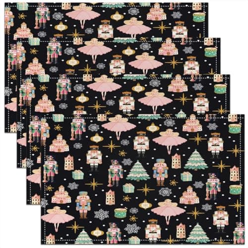 Image of Set of 4 Black Christmas Set of 4 45x30 cm Place Mats,Nutcracker Placemats,Xmas Snowflake Stars Waterproof Placemats,Romantic Princess Castle Table Mats
