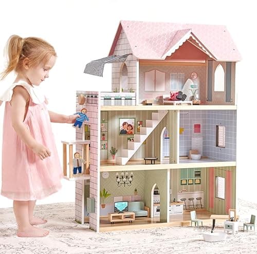 Image of Giant bean Wooden Dolls House, 2.6 Feet High with Elevator, Doorbell, Light,15 Pieces Furnitures and 3 Dolls, Toy Gift for Girls Ages 3-7+