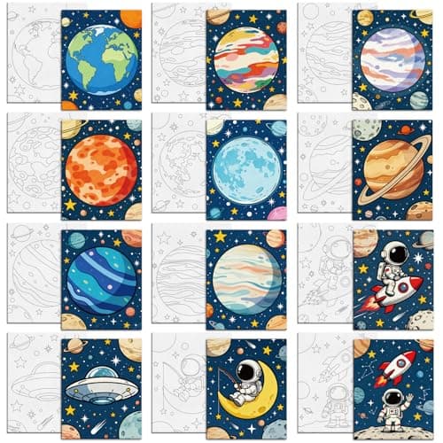 Image of MAYJOYDIY 12 Pcs Planets Astronauts Pre Drawn Canvas to Painting Universe Rocket Pre Printed Canvas for Adults 25×20cm Moon Stars DIY Paint Art Board Supplies for Beginners, Party Favor