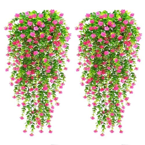 Image of Yueshop 4PCS Artificial Hanging Flowers, UV-Resistant Artificial Hanging Plants Flowers Bouquet Outdoor Indoor Fake Hanging Plant Artificial Flowers for Home Garden Wedding Decor (Pink)