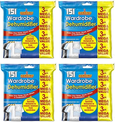 Image of 151 Set of 12 Hanging Wardrobe Dehumidifier Bags Trap Crystals - Ideal to stop damp, mould mildew & condensation- For Wardrobe, Closet, Bookcase, Small Rooms