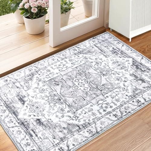 Image of XSIVOD Entryway Rug Indoor Door mat, Grey Small Washable Area Rugs for Kitchen Bathroom Mat, Low Pile Vintage Rug, Non-Slip Bedroom Carpet for Front Door Entrance Welcome Mat, 60 x 90 cm