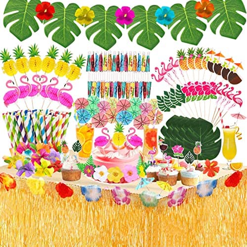 Image of Shinelee 185PCS Hawaiian Tropical Party Decorations Hawaiian Luau Grass Table Skirt Set Hawaiian Party Accessories for Jungle Beach Summer Tiki Tropical Luau Party Decorations