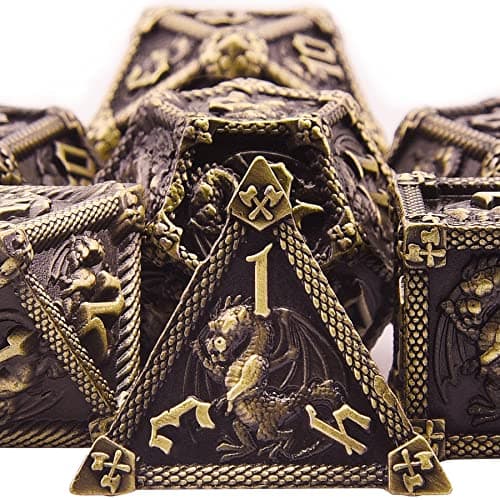 Image of SIQUK 7-Die Metal Dice for DND Polyhedral Dice with Box D20 D12 D10 D% D8 D6 D4 Dices Set for Dungeons and Dragons Roll Playing Game RPG MTG Board Games(Antique Bronze)