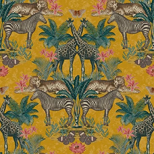 Image of Grandeco Animal Kingdom Wallpaper, Yellow Ochre